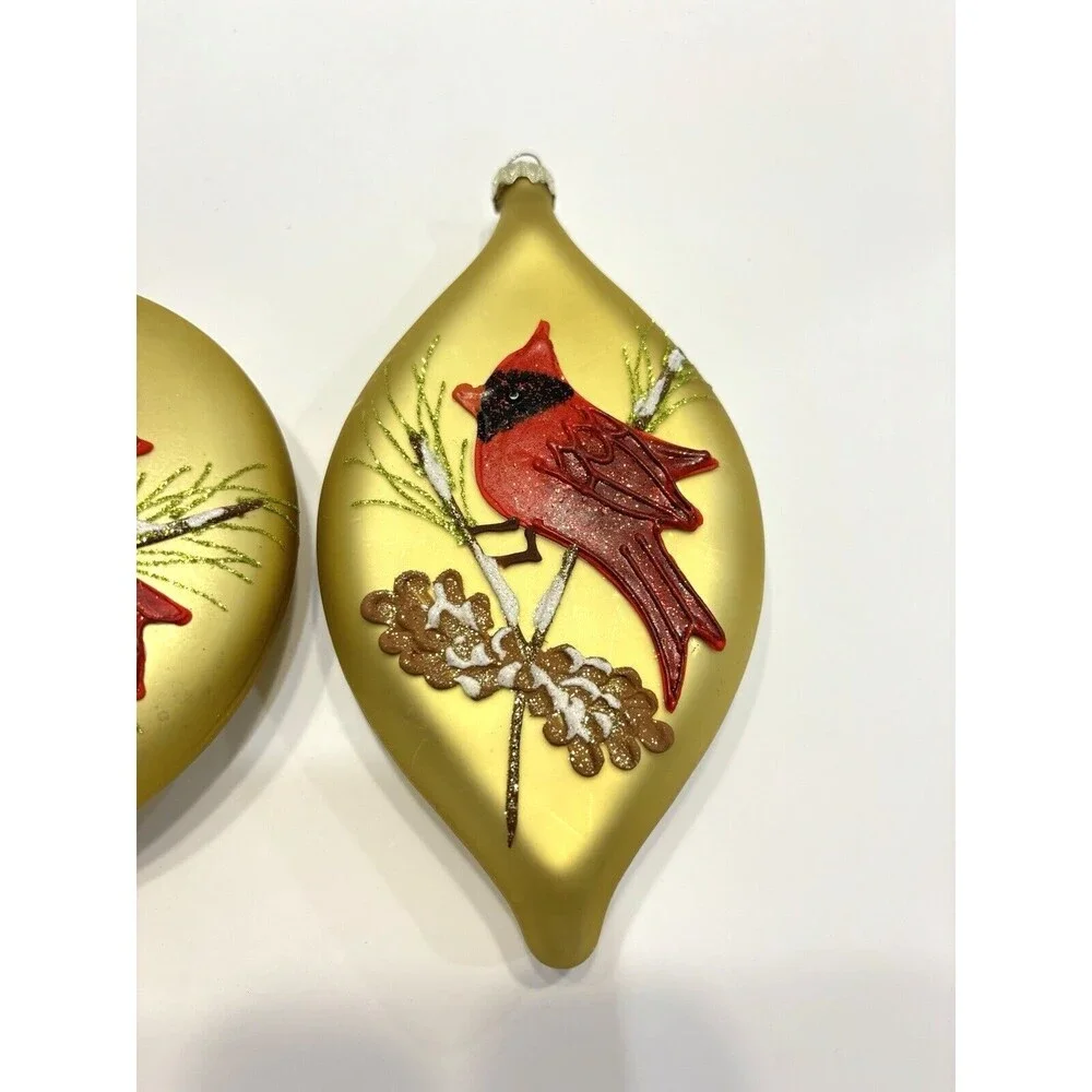 Vtg Christmas Ornaments Glass Red CARDINAL Bird Gold Handpainted Set Christmas